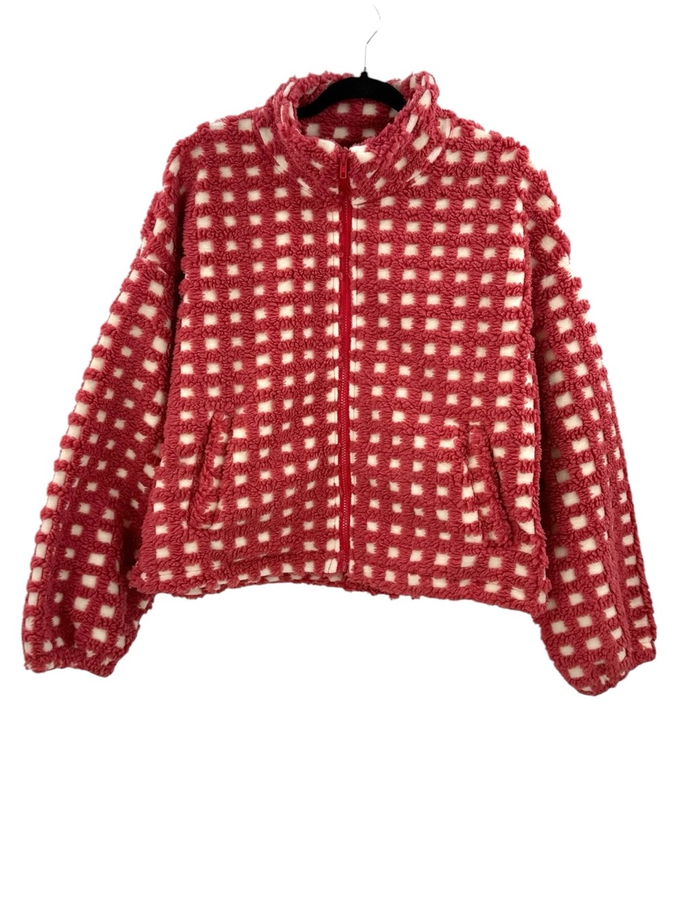Textured Grid Checkered Sherpa Zip Jacket Pink Cream Oversized Cozy Cropped, L - Picture 3 of 15